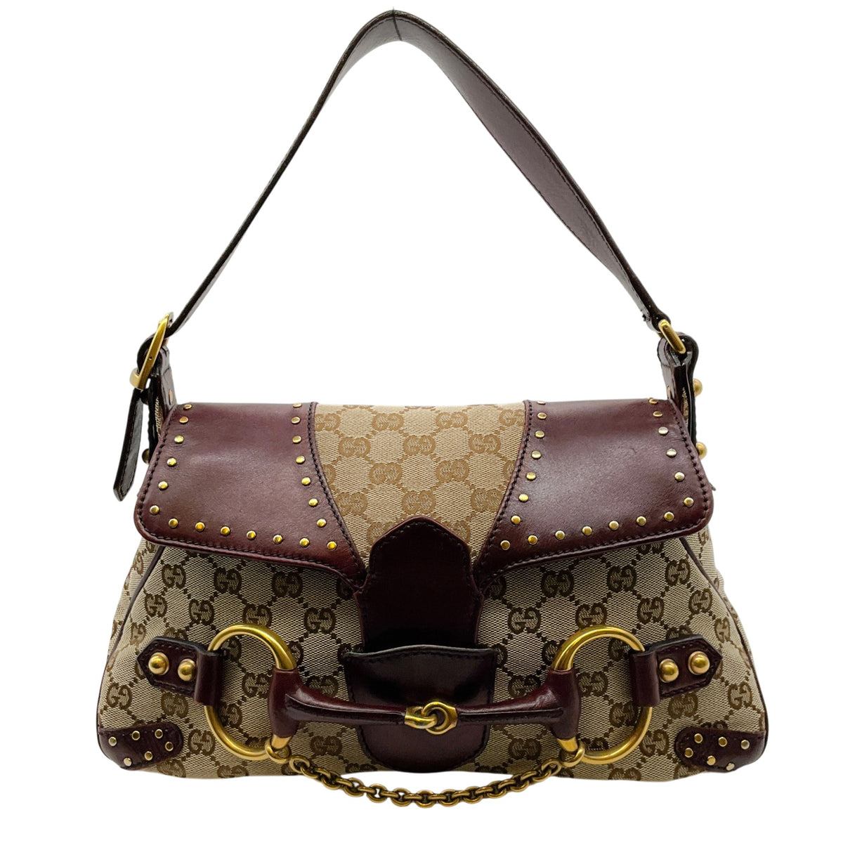 Gucci Burgundy Leather GG Monogram Gold Horsebit Chain Flap Shoulder Bag
