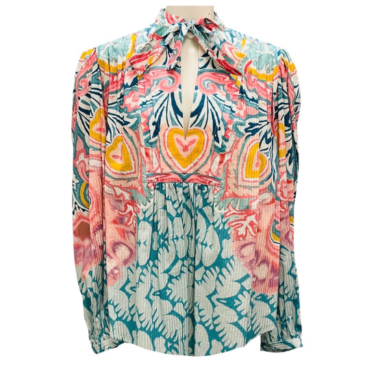 Etro Blue / Pink Multi Printed Tie Neck Blouse