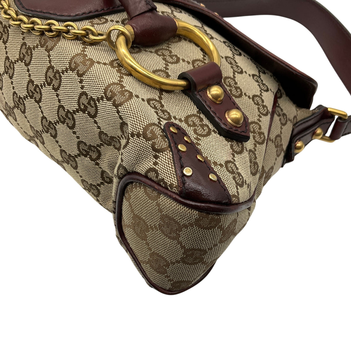 Gucci Burgundy Leather GG Monogram Gold Horsebit Chain Flap Shoulder Bag