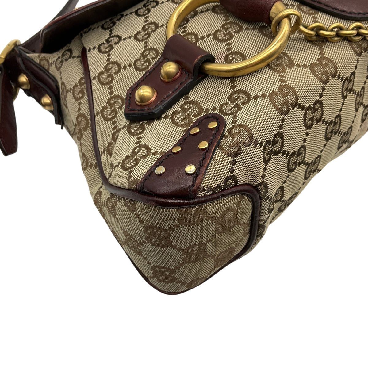 Gucci Burgundy Leather GG Monogram Gold Horsebit Chain Flap Shoulder Bag
