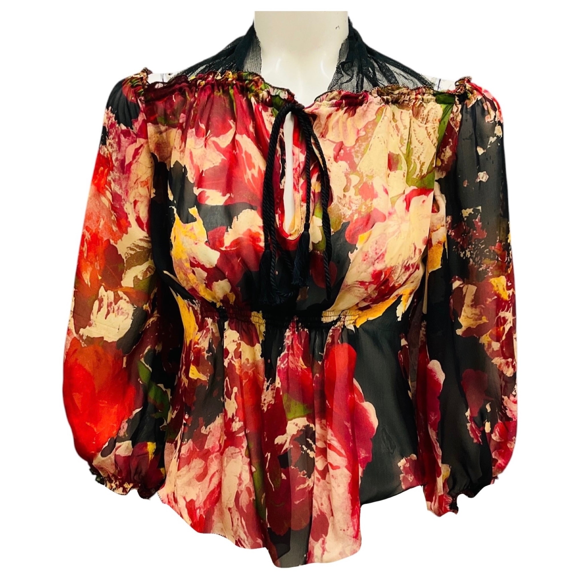 Jean Paul Gaultier Femme Red Multi Printed Silk Chiffon Top