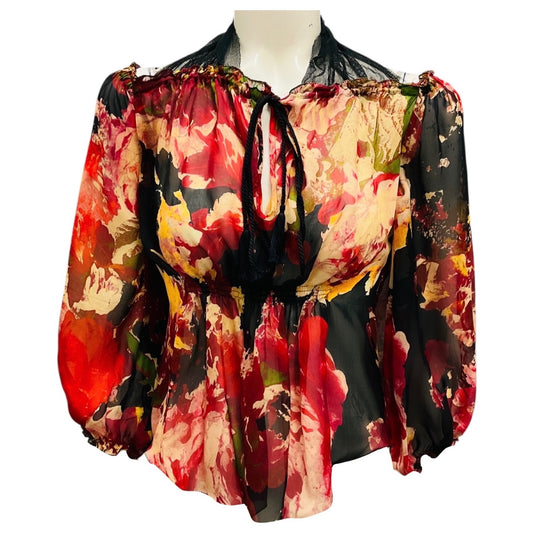 Jean Paul Gaultier Femme Red Multi Printed Silk Chiffon Top