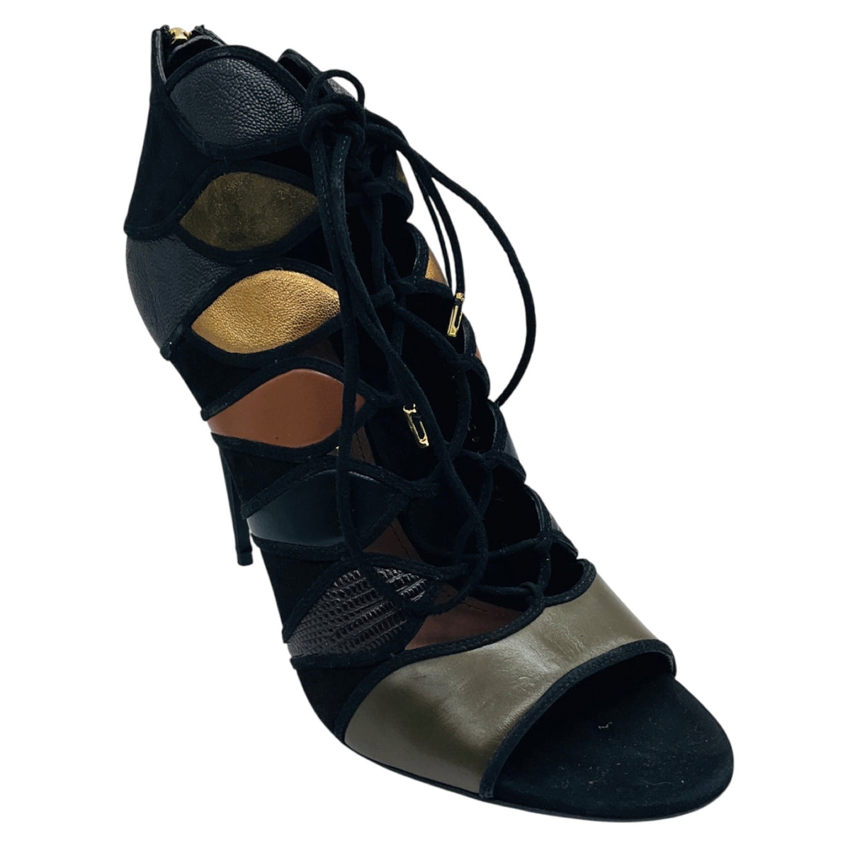 Salvatore Ferragamo Olive Green / Brown / Black / Gold Metallic Multi Suede Trimmed Embossed Leather Sandals