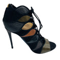 Load image into Gallery viewer, Salvatore Ferragamo Olive Green / Brown / Black / Gold Metallic Multi Suede Trimmed Embossed Leather Sandals

