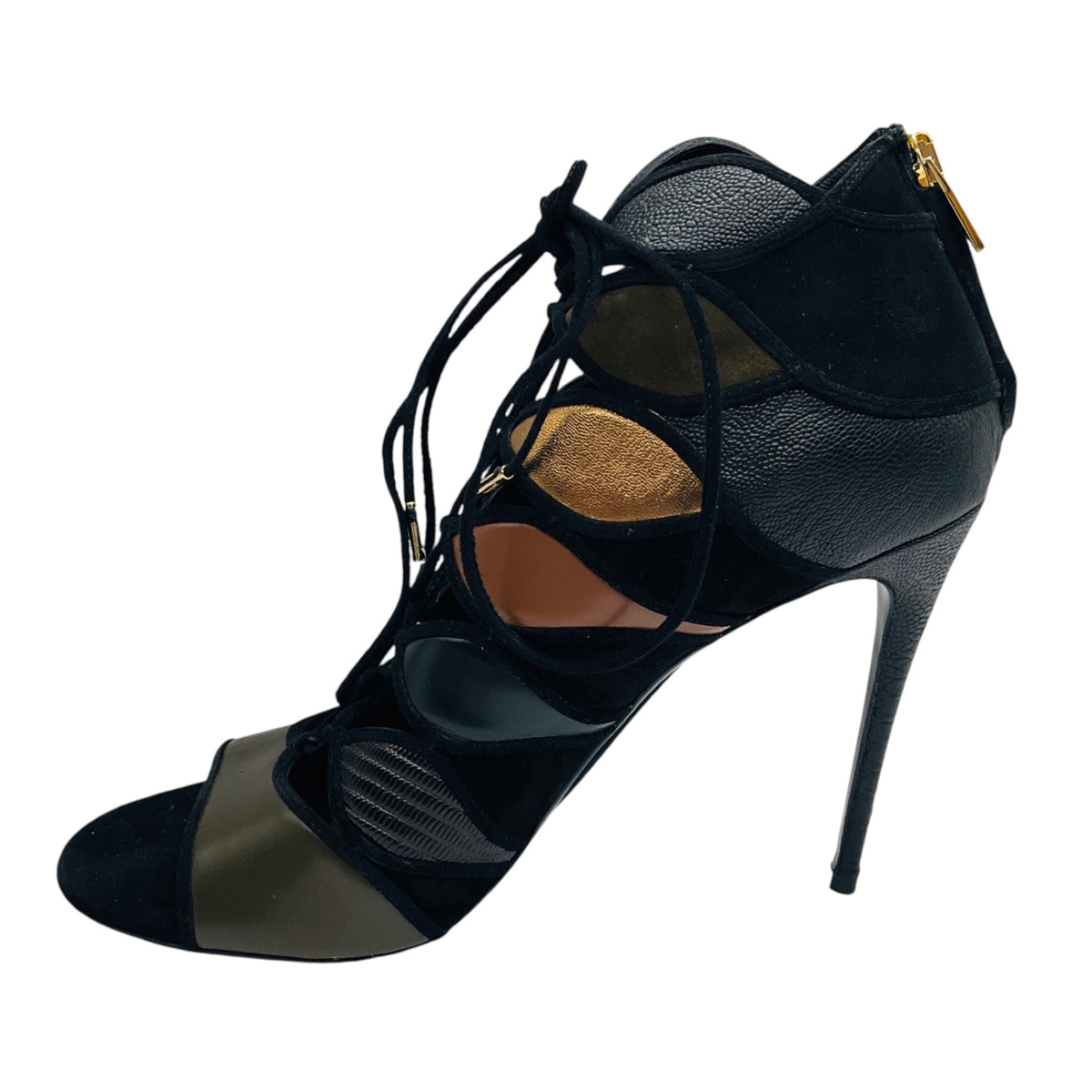 Salvatore Ferragamo Olive Green / Brown / Black / Gold Metallic Multi Suede Trimmed Embossed Leather Sandals