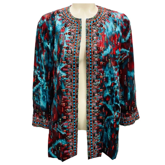 Oscar de la Renta Turquoise / Red Multi Embellished Open Front Jacket