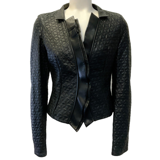 Hugo Boss Black Leather Quilted Ruffled Jacket
