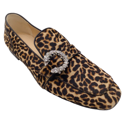 Jimmy Choo Tan / Brown Mani Crystal Embellished Buckle Leopard Printed Calf Hair Loafers / Flats