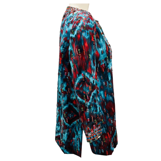 Oscar de la Renta Turquoise / Red Multi Embellished Open Front Jacket