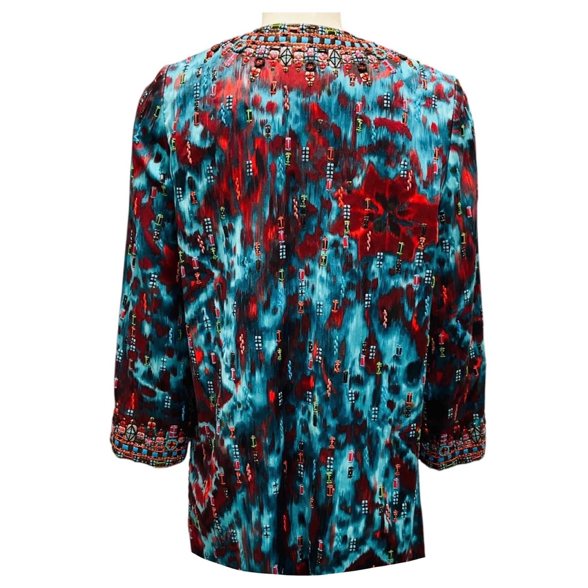 Oscar de la Renta Turquoise / Red Multi Embellished Open Front Jacket