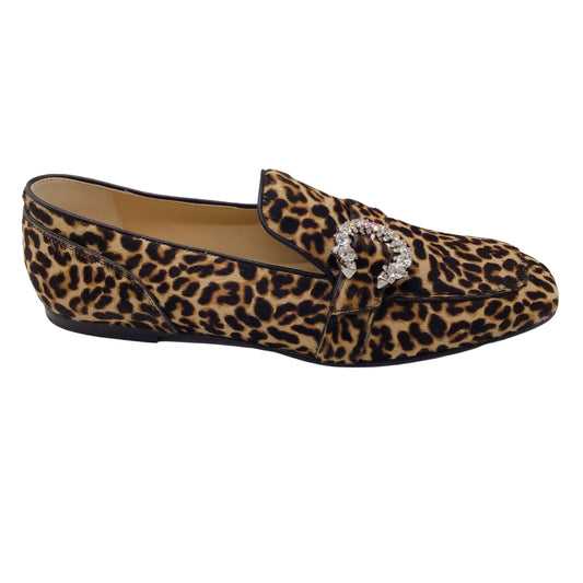 Jimmy Choo Tan / Brown Mani Crystal Embellished Buckle Leopard Printed Calf Hair Loafers / Flats