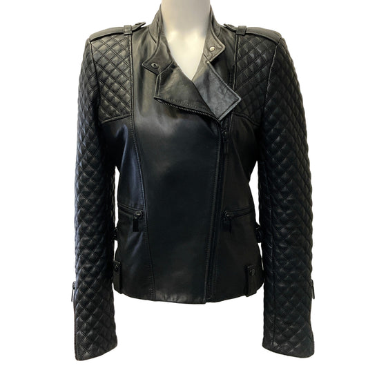 Barbara Bui Black Leather Quilted Sleeve Moto Jacket
