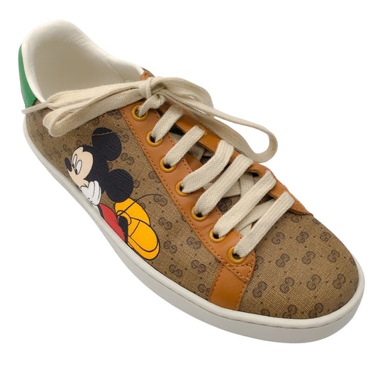 Gucci Natural Multi Ace x Disney Mickey Mouse GG Monogram Leather Trimmed Coated Canvas Low Top Sneakers