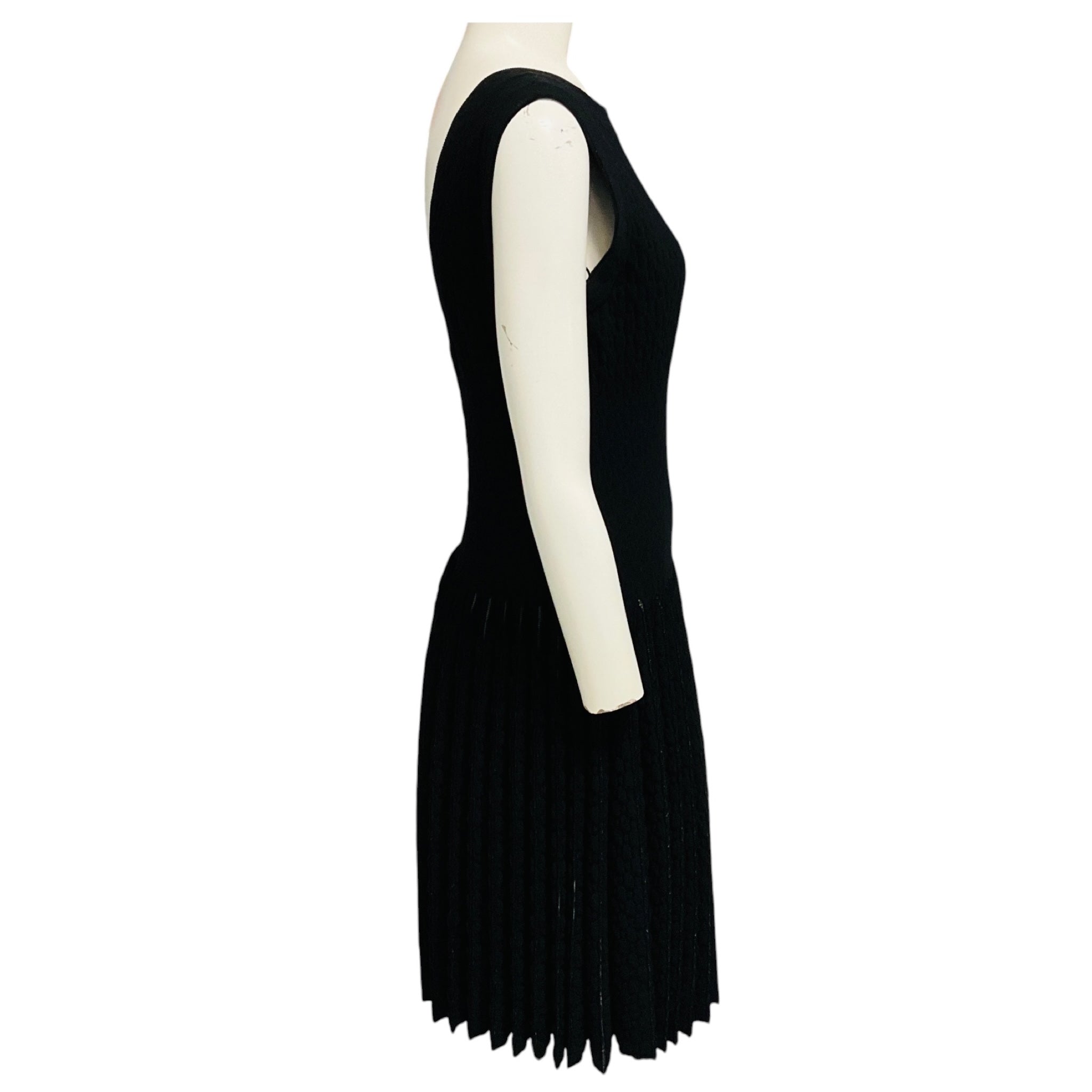 Alaia Black Sleeveless Pleated Shimmer Knit Flared Dress