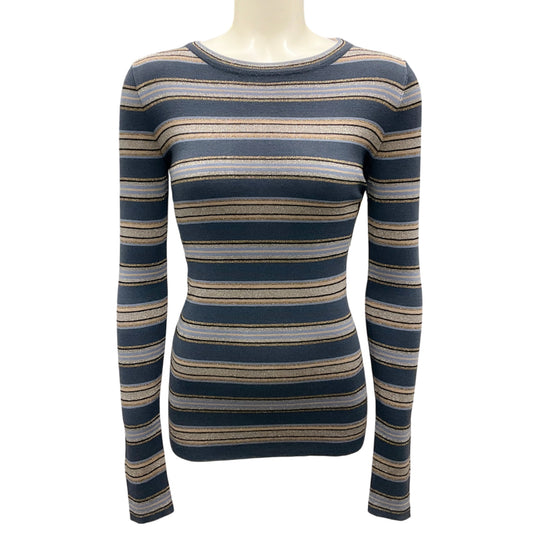 Brunello Cucinelli Blue Multi Metallic Striped Long Sleeved Knit Top