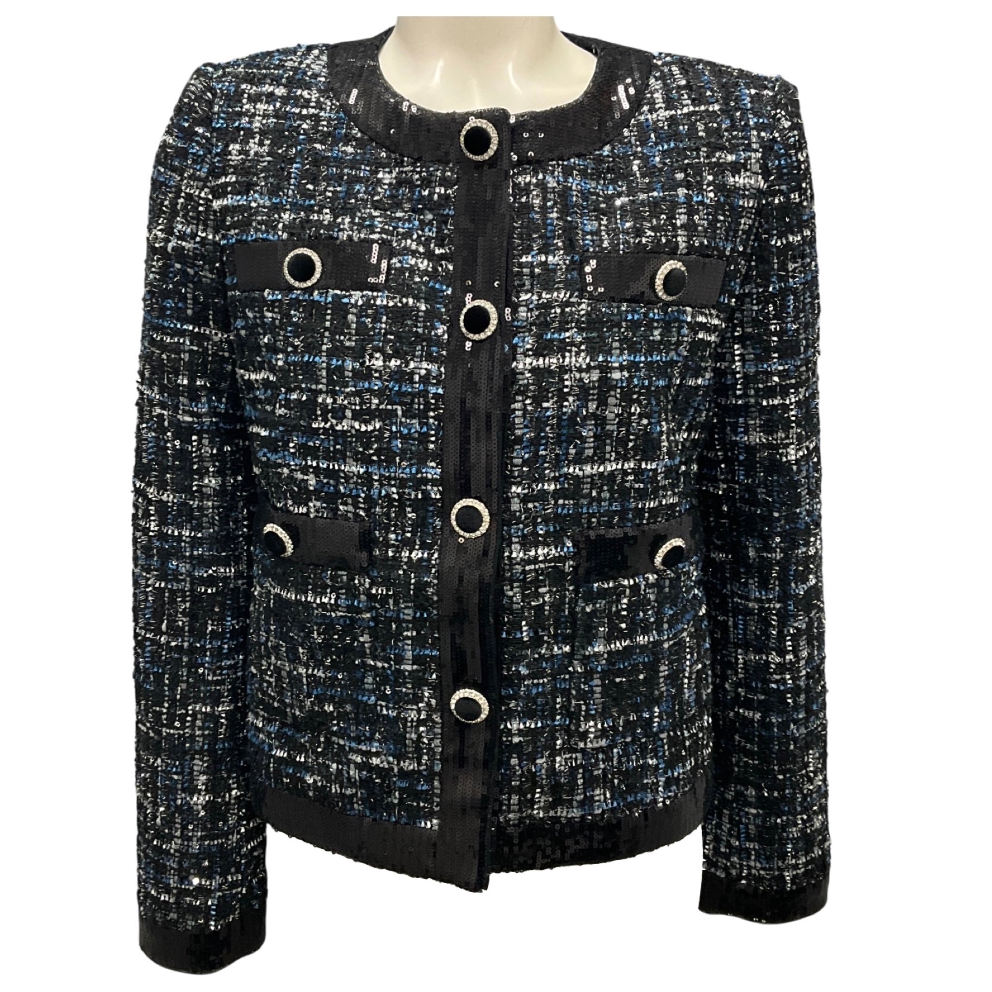 Rebecca Vallance Black / Blue Sequin Trim Button Front Tweed Jacket