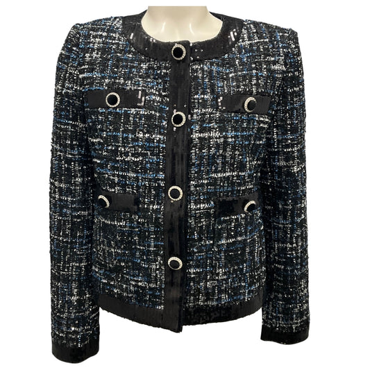 Rebecca Vallance Black / Blue Sequin Trim Button Front Tweed Jacket