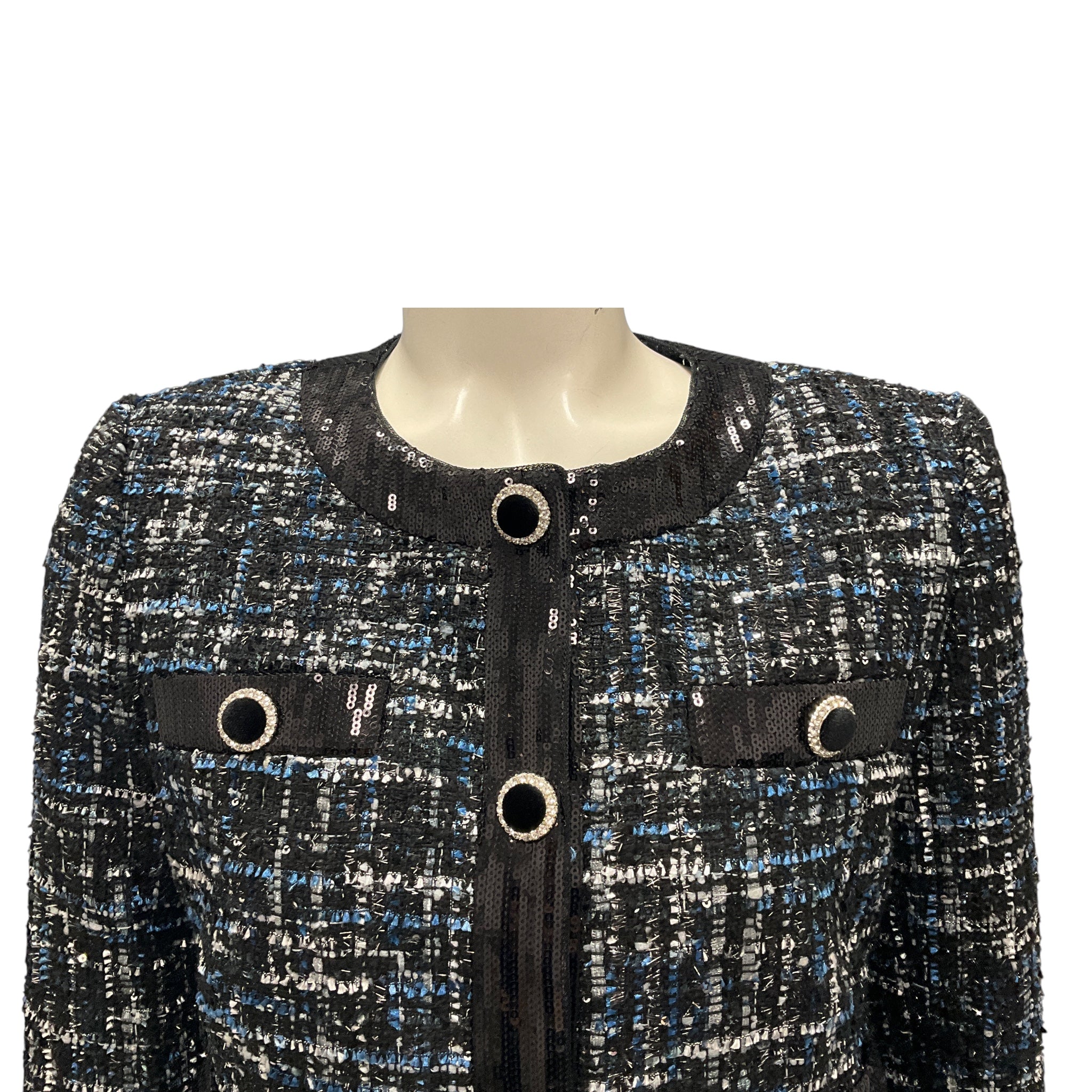 Rebecca Vallance Black / Blue Sequin Trim Button Front Tweed Jacket