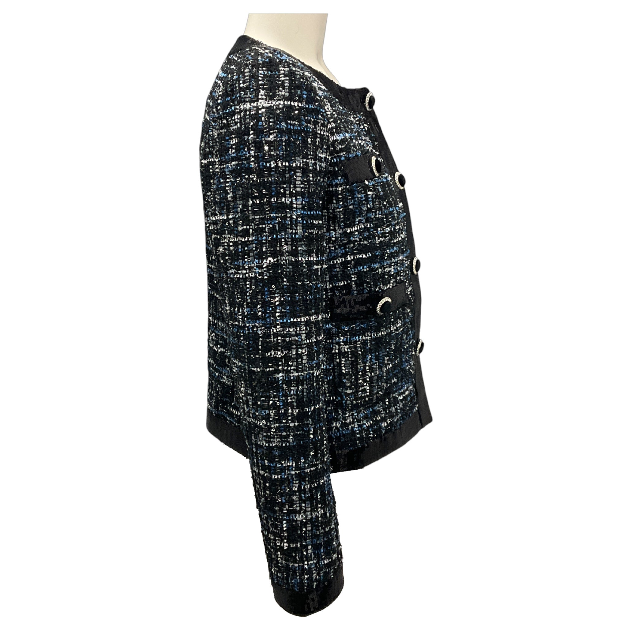 Rebecca Vallance Black / Blue Sequin Trim Button Front Tweed Jacket