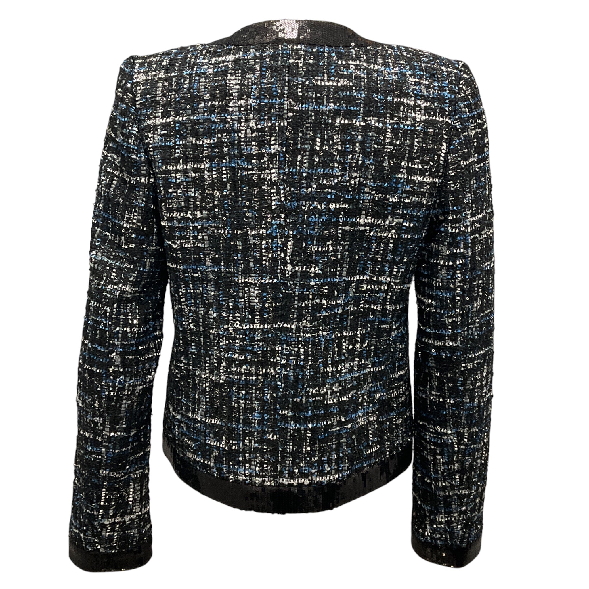 Rebecca Vallance Black / Blue Sequin Trim Button Front Tweed Jacket