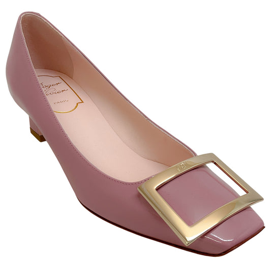 Roger Vivier Rose Pink Patent Leather Pumps with Gold Buckle
