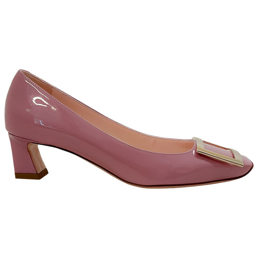 Roger Vivier Rose Pink Patent Leather Pumps with Gold Buckle