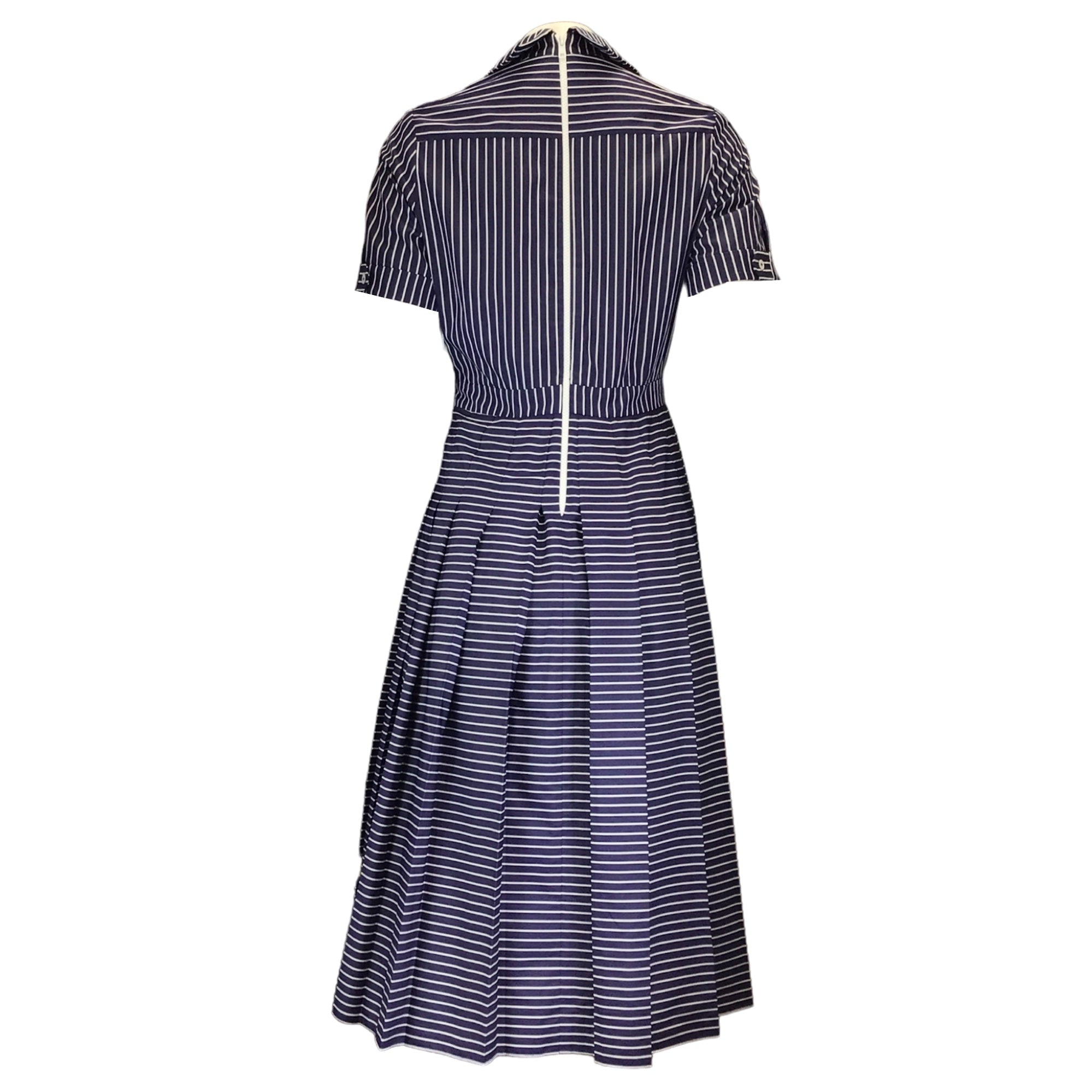 Duncan Blue / White Striped Short Sleeved Button-Front Cotton Midi Dress