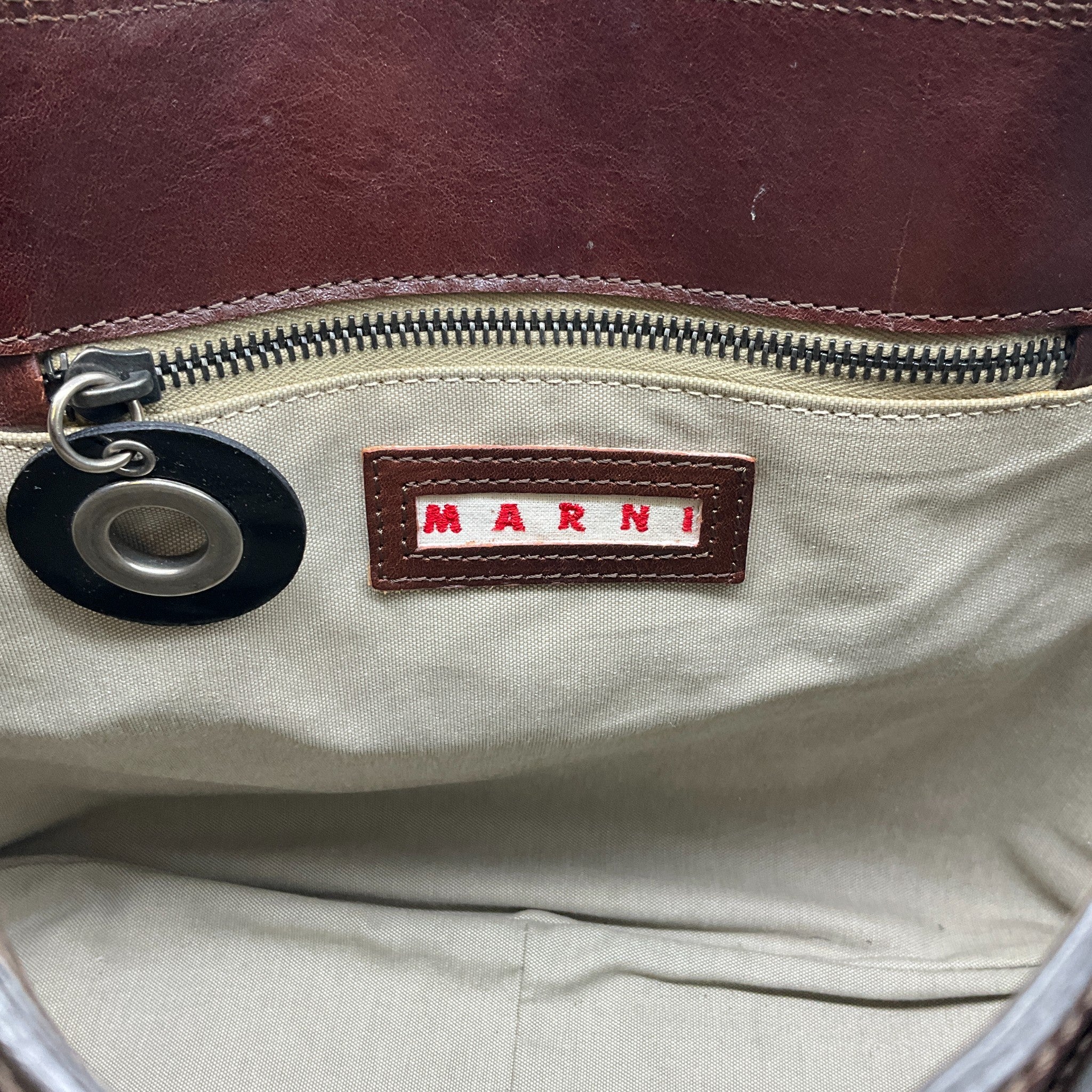 Marni Brown Leather Satchel with Black Patent Leather Straps