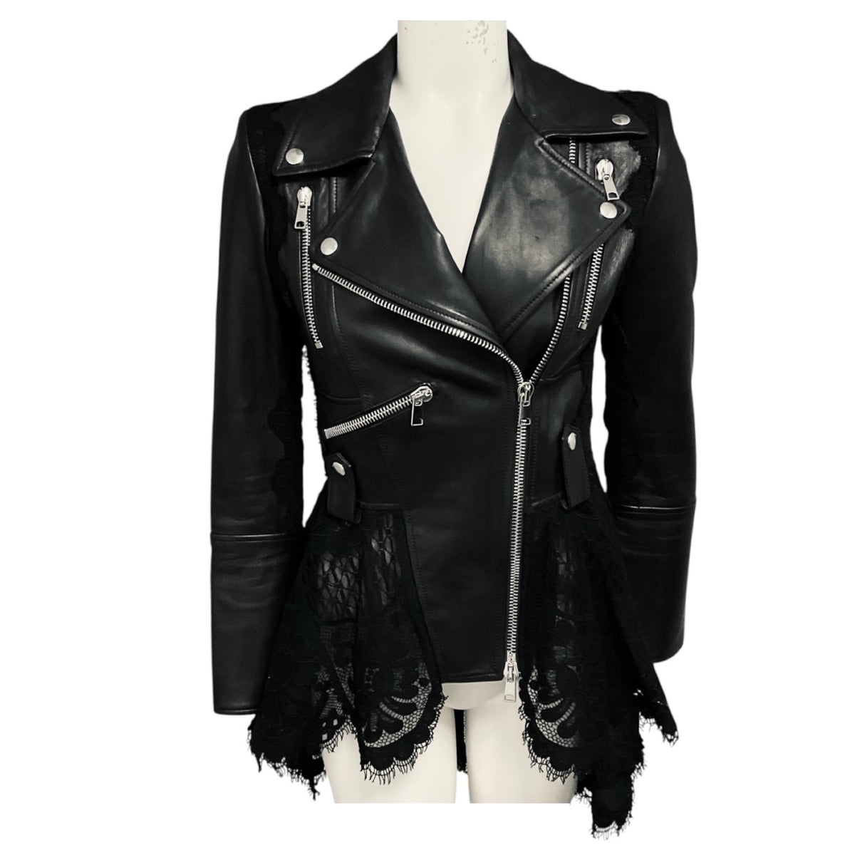 Alexander McQueen Black Lace Trimmed Leather Biker Jacket
