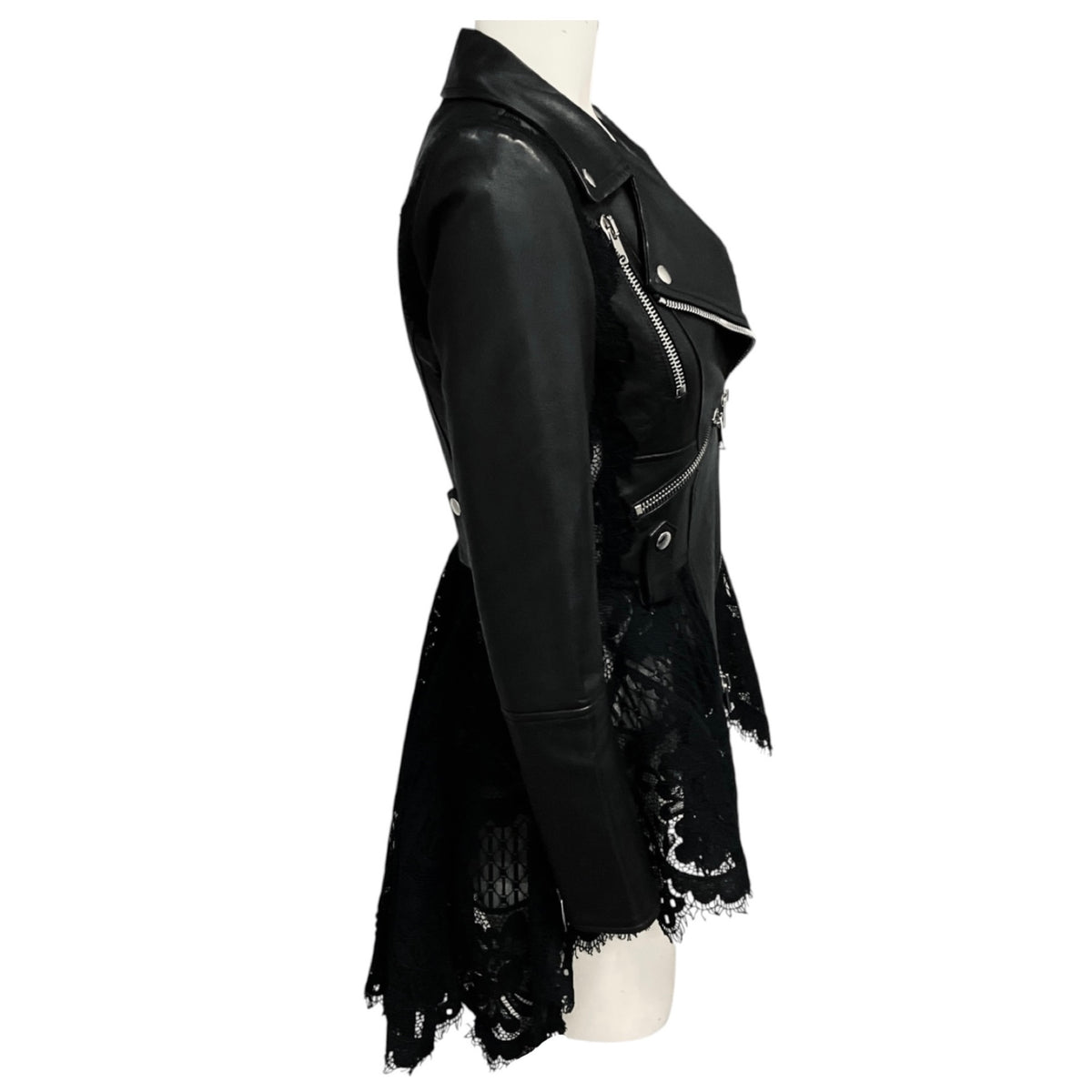 Alexander McQueen Black Lace Trimmed Leather Biker Jacket