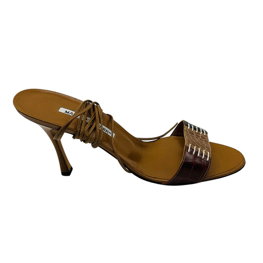 Manolo Blahnik Brown / Tan Embossed Leather Ankle Wrap Sandals
