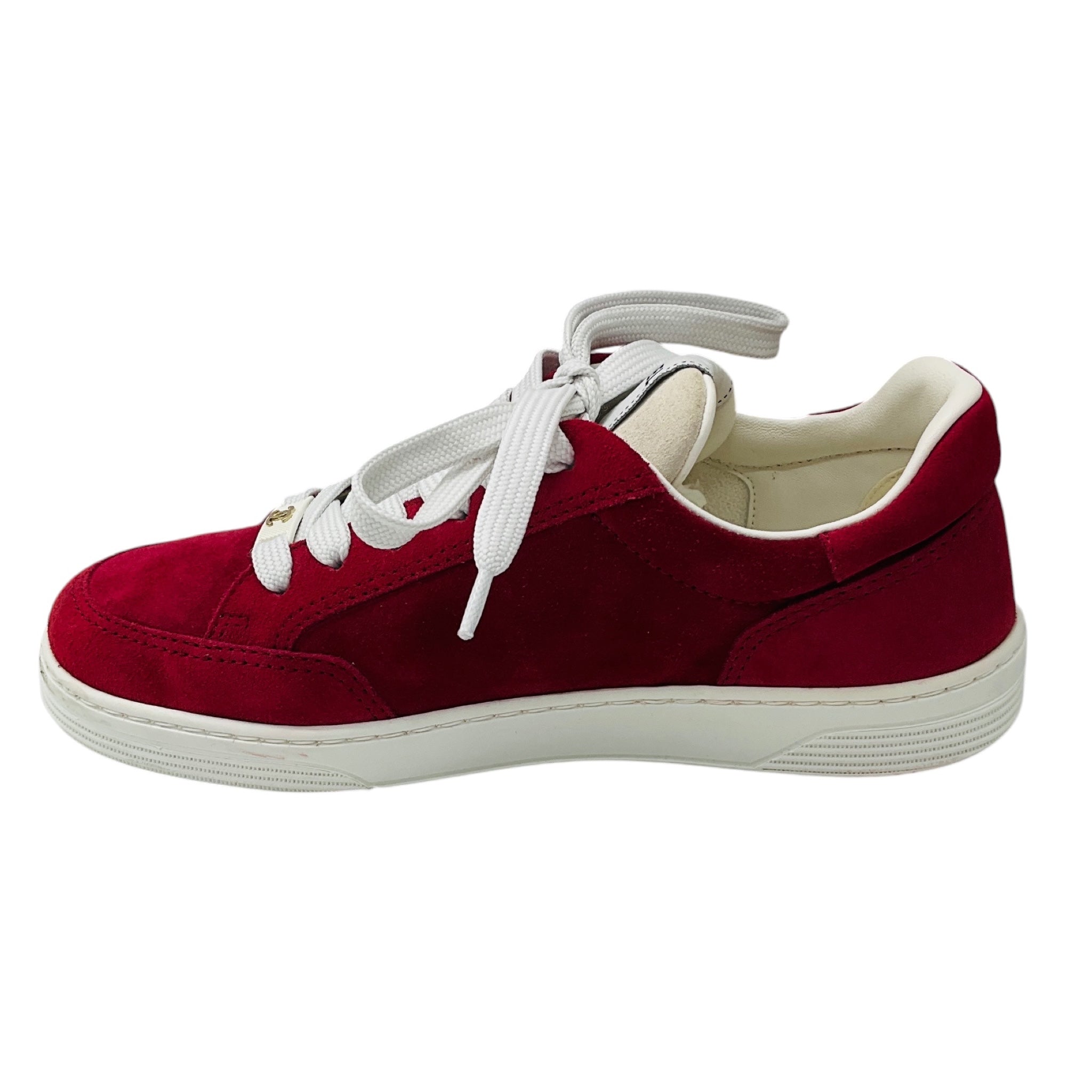 Chanel Red Suede Low Top Sneakers