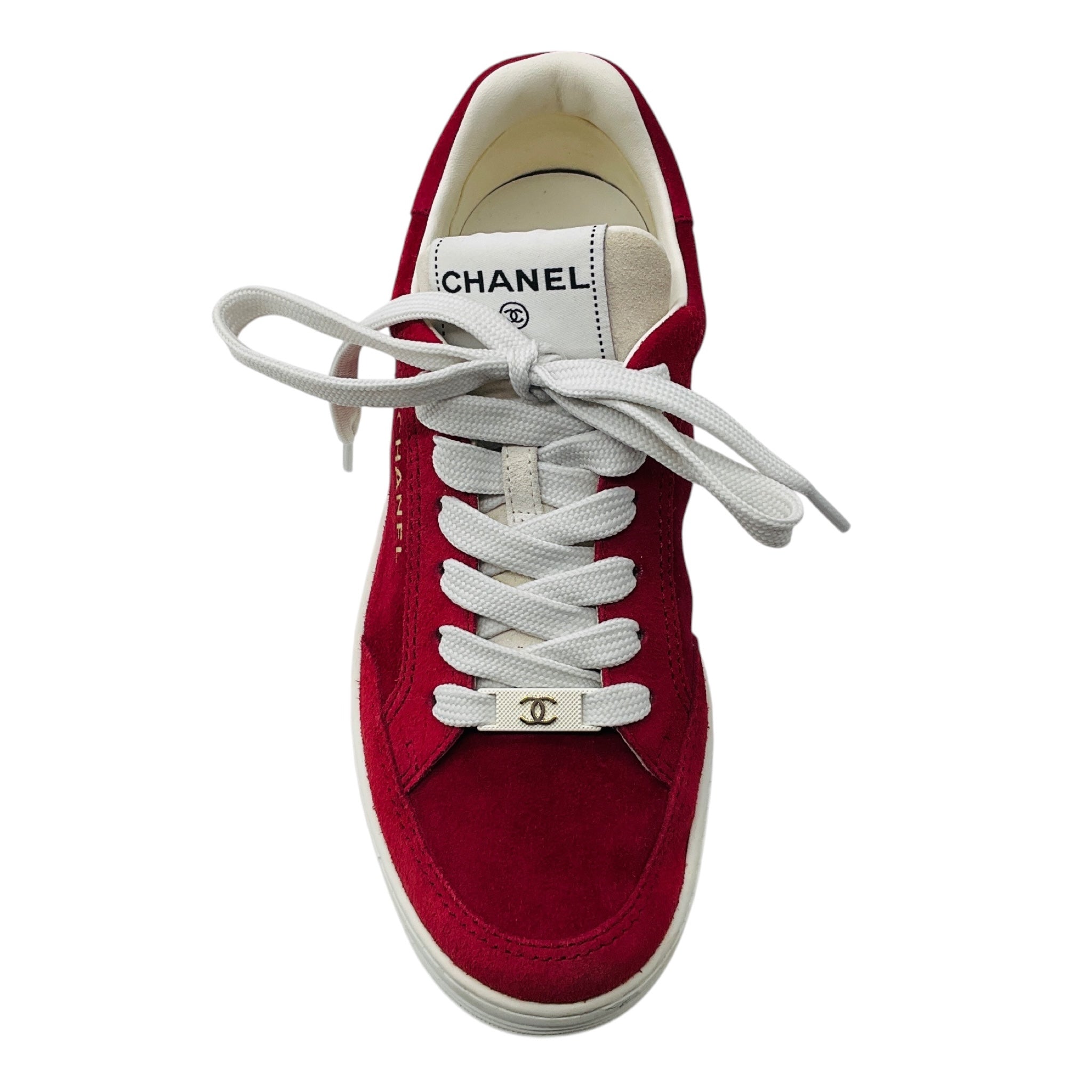 Chanel Red Suede Low Top Sneakers