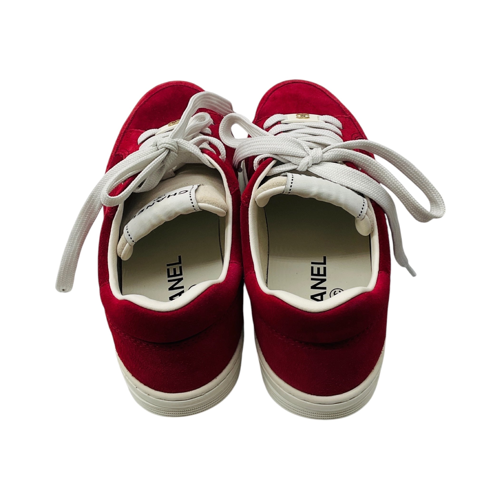 Chanel Red Suede Low Top Sneakers