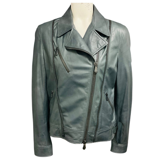 Bottega Veneta Slate Blue Grey Zip Front Leather Moto Jacket