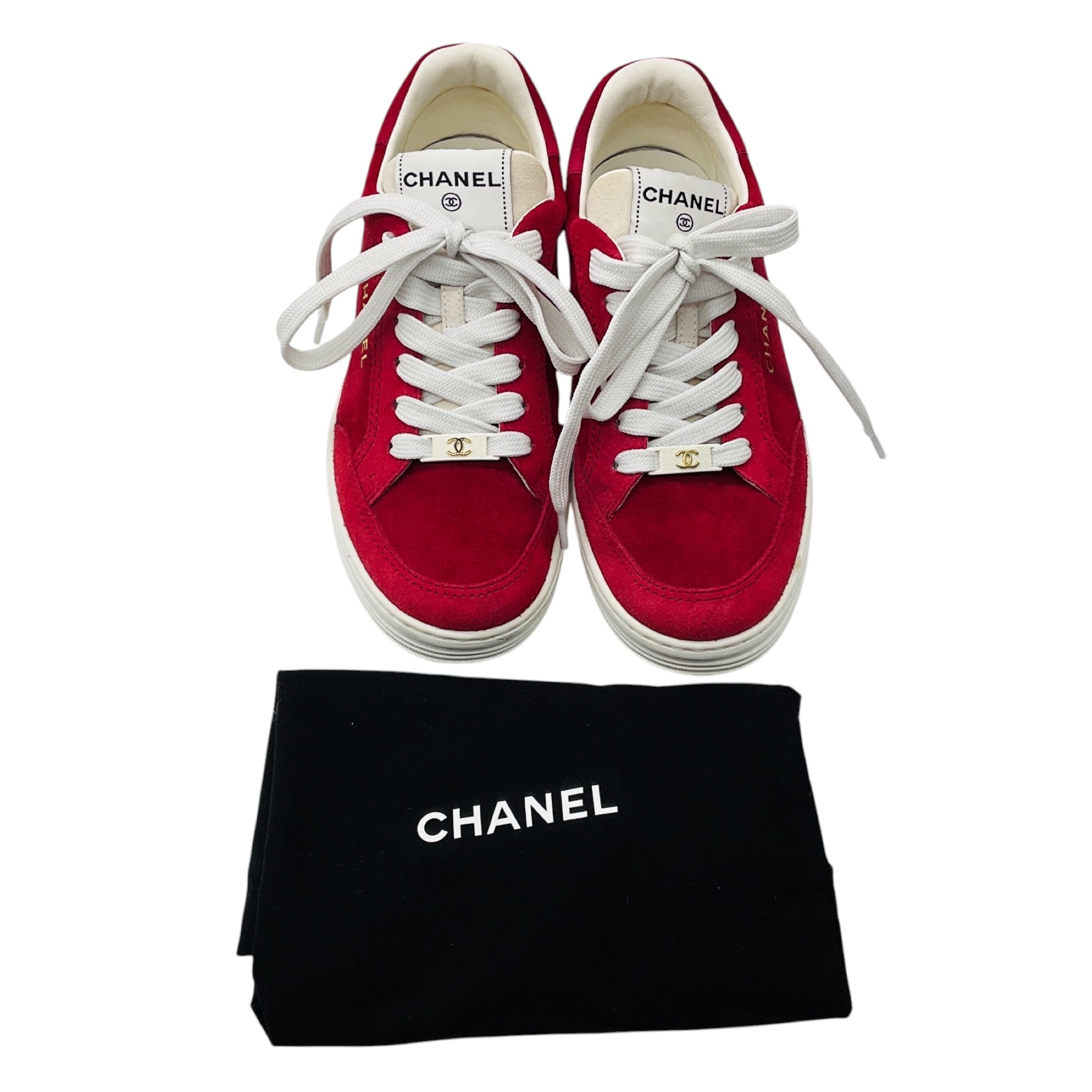 Chanel Red Suede Low Top Sneakers