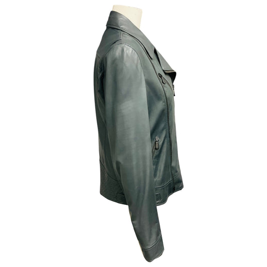 Bottega Veneta Slate Blue Grey Zip Front Leather Moto Jacket