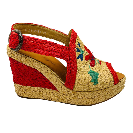 Robert Clergerie Natural / Red Multi Raffia Wedge Sandals