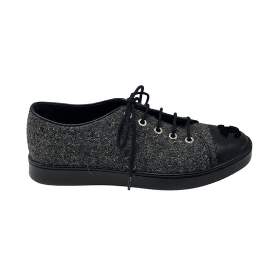 Chanel Charcoal Grey / Black Tweed and Lambskin Leather CC Logo Cap Toe Low Top Sneakers