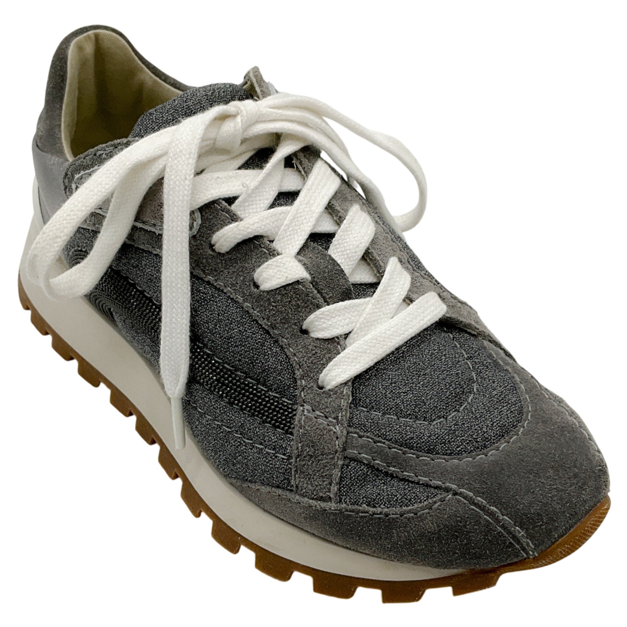 Brunello Cucinelli Grey Linen / Suede Sneakers with Monili
