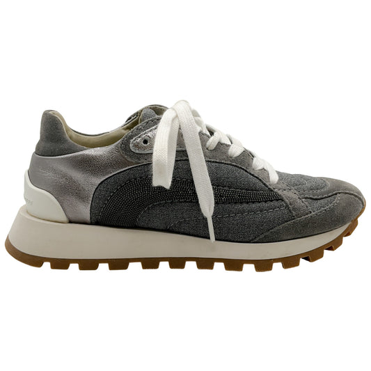 Brunello Cucinelli Grey Linen / Suede Sneakers with Monili