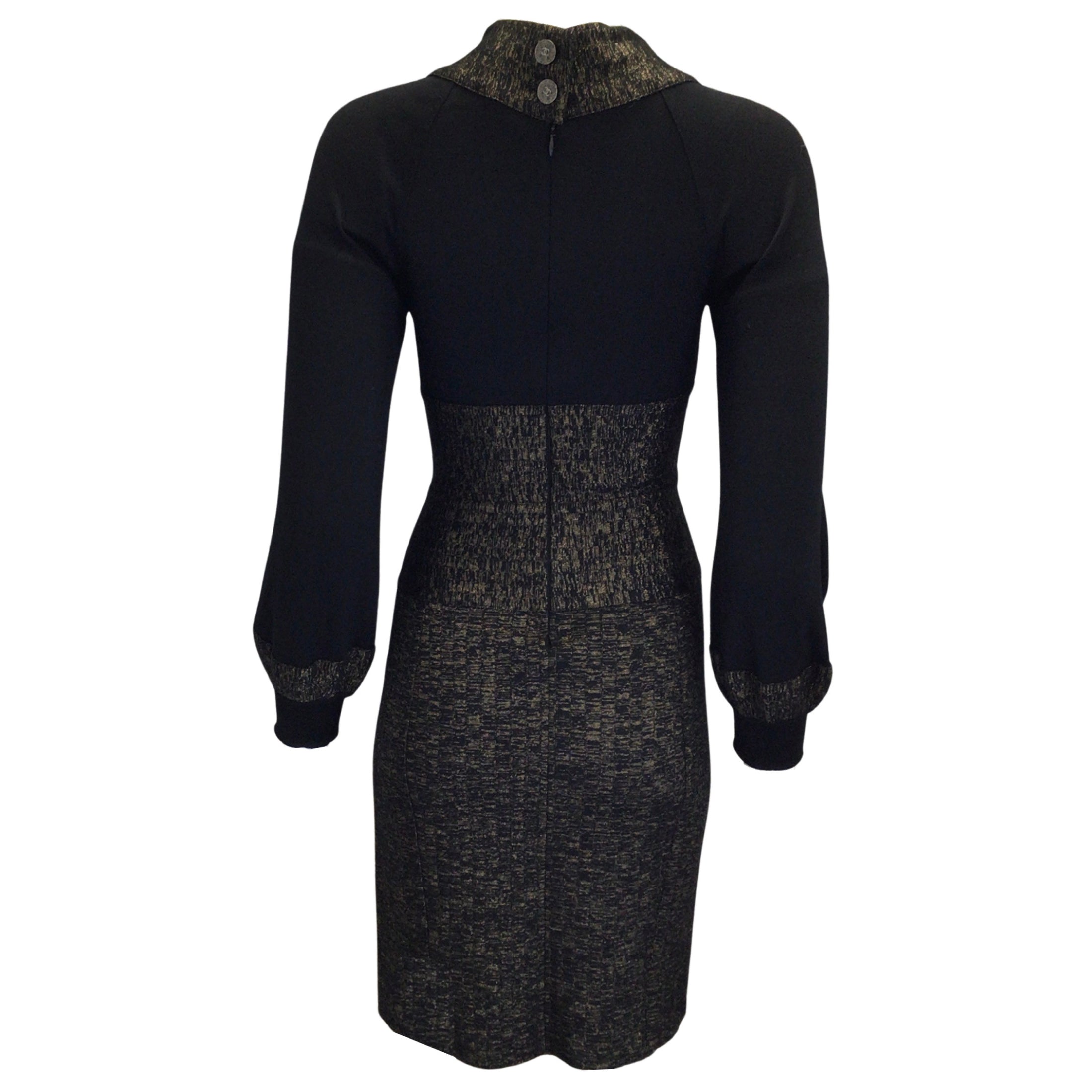 Chanel 2010 Paris Byzance Black / Gold Metallic Shimmer Detail Long Sleeved Fitted Wool Knit Dress
