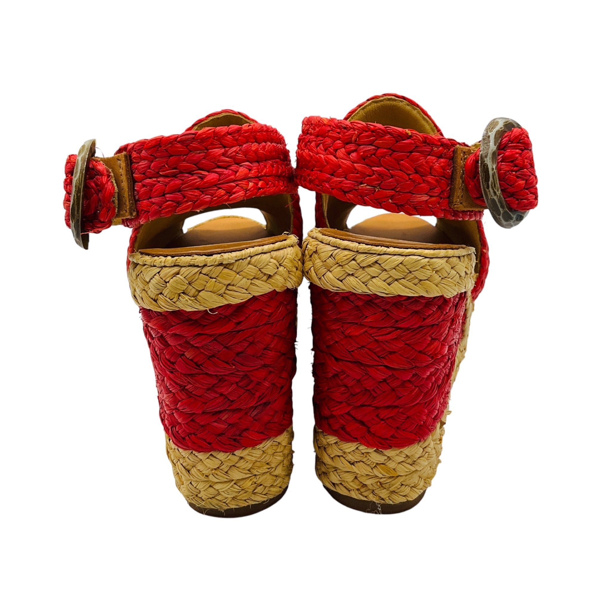 Robert Clergerie Natural / Red Multi Raffia Wedge Sandals