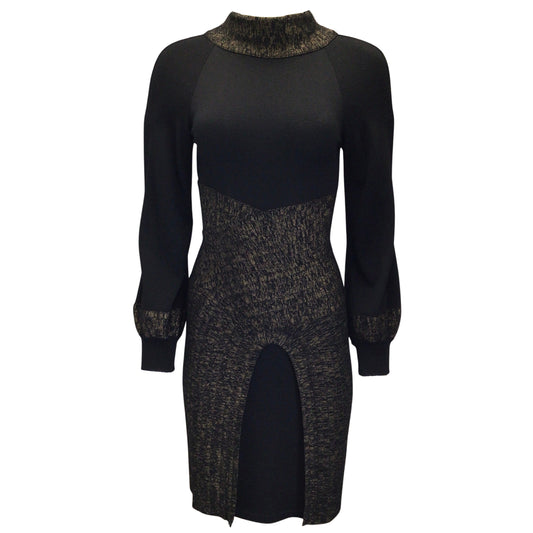 Chanel 2010 Paris Byzance Black / Gold Metallic Shimmer Detail Long Sleeved Fitted Wool Knit Dress