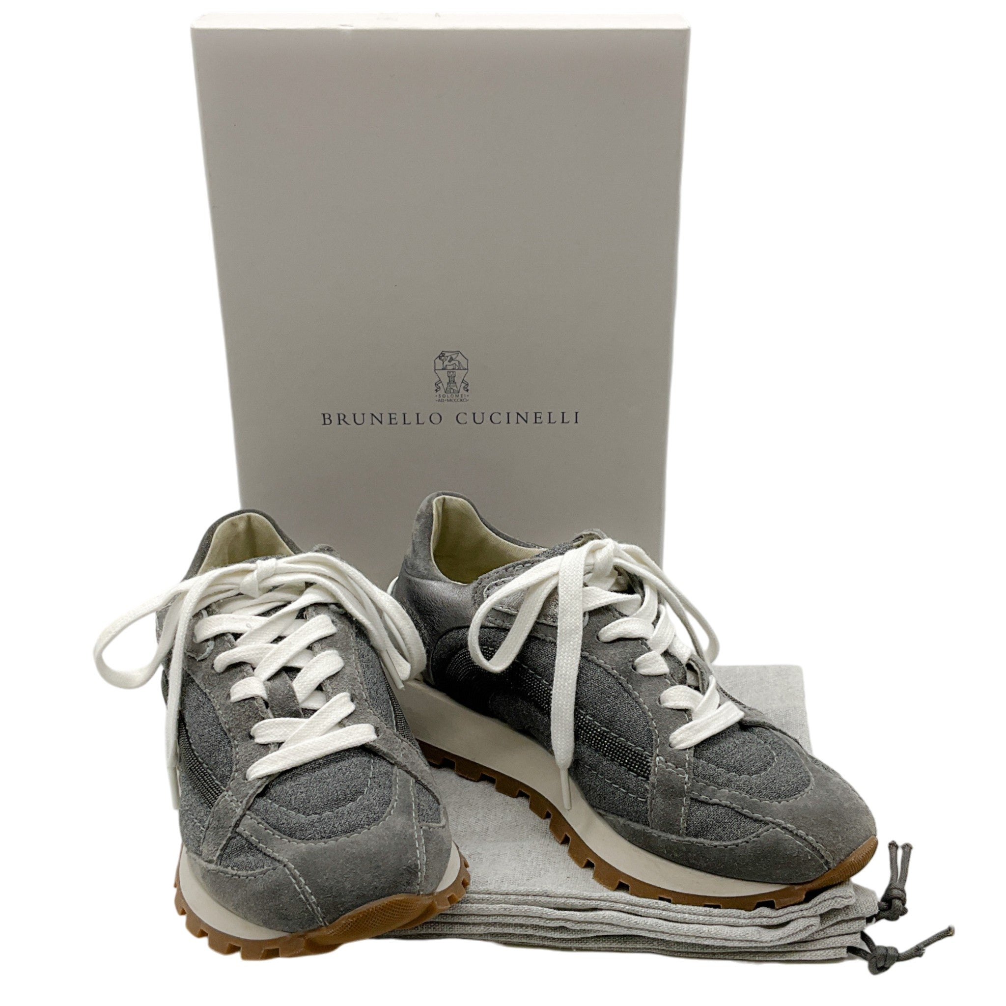 Brunello Cucinelli Grey Linen / Suede Sneakers with Monili