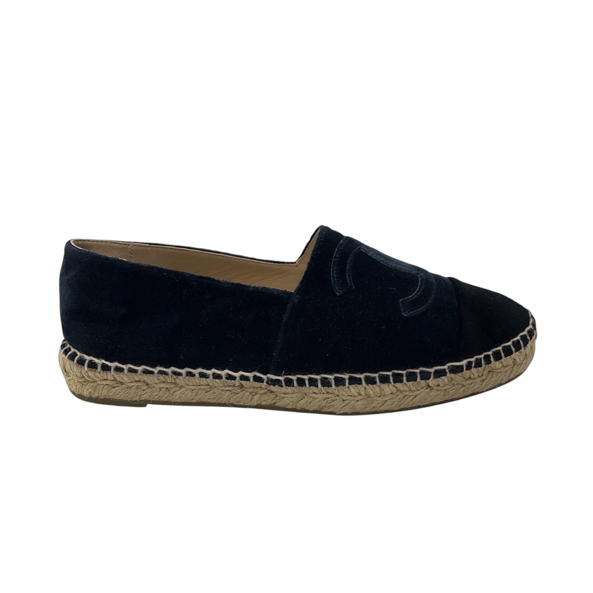 Chanel Navy Blue / Black CC Logo Embroidered Velvet Espadrille Flats
