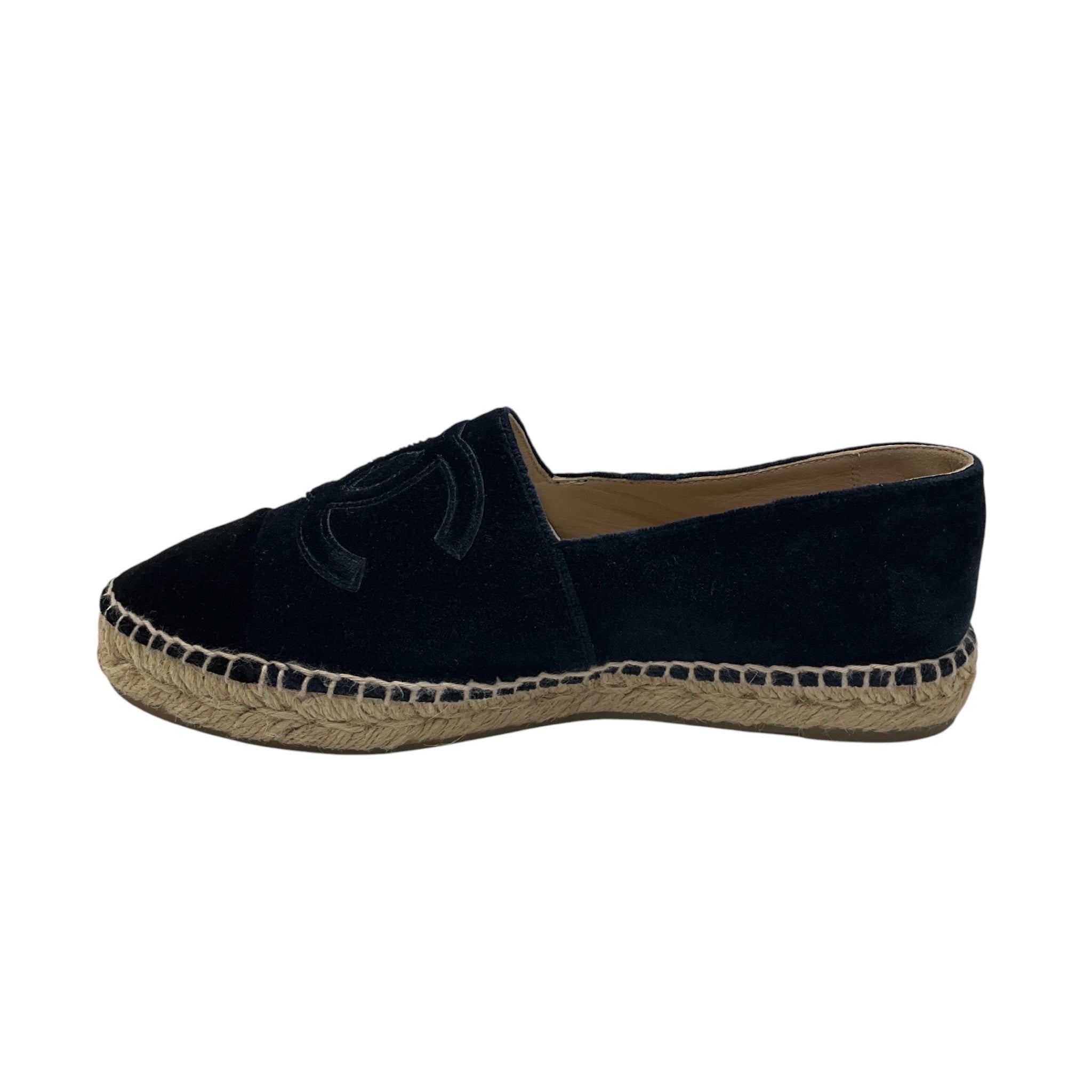 Chanel Navy Blue / Black CC Logo Embroidered Velvet Espadrille Flats