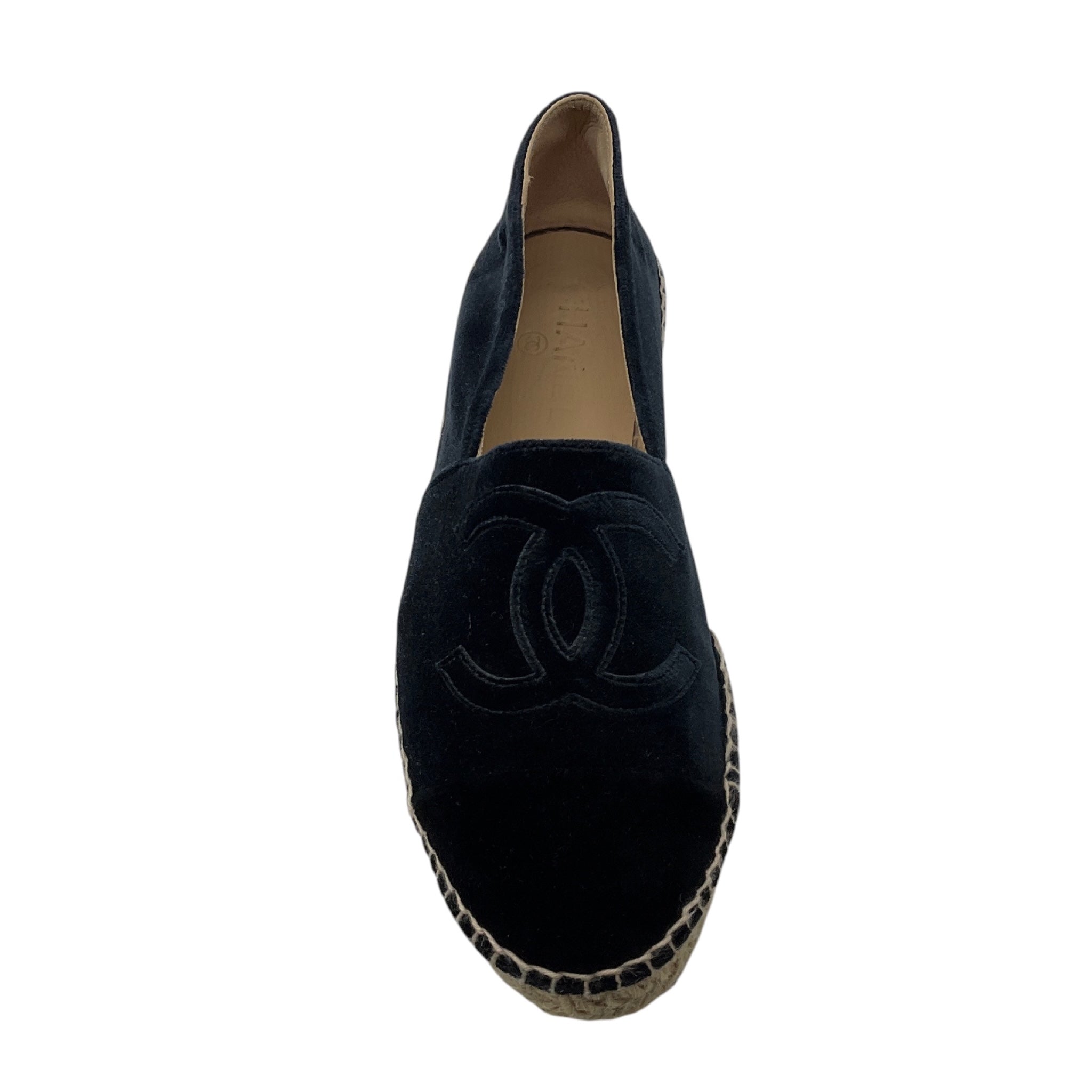 Chanel Navy Blue / Black CC Logo Embroidered Velvet Espadrille Flats
