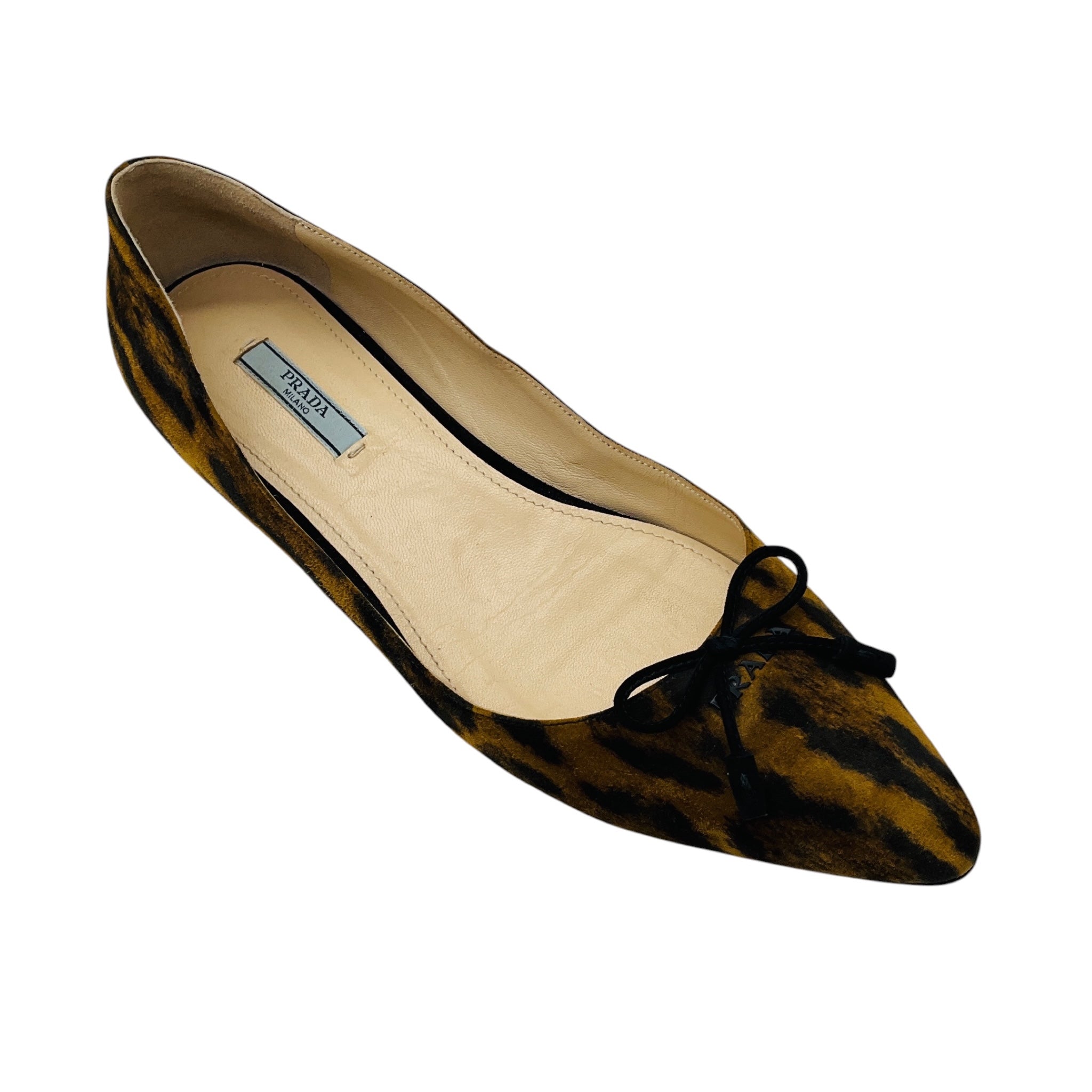 Prada Brown / Black Animal Print Pointed Toe Suede Flats with Bow Detail