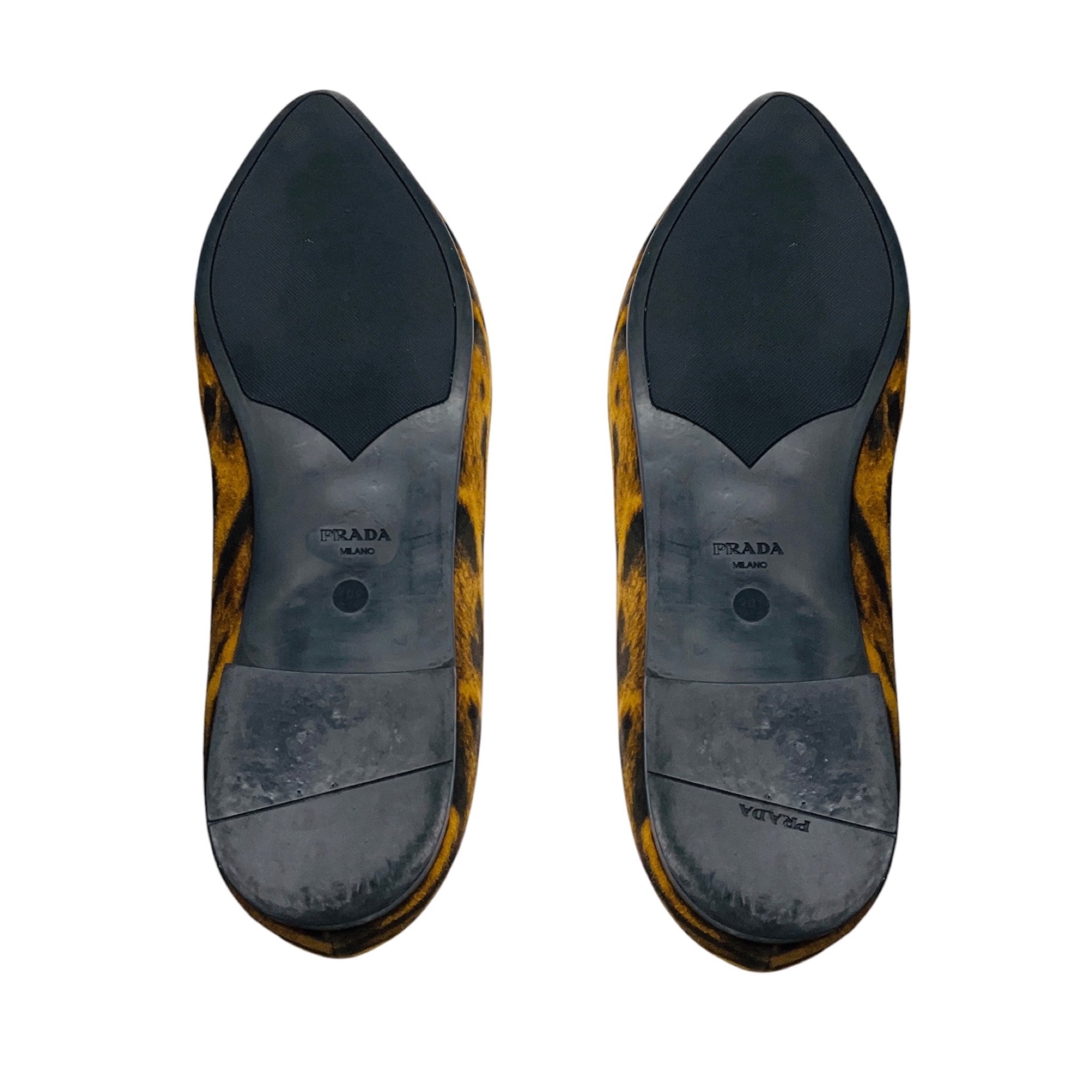 Prada Brown / Black Animal Print Pointed Toe Suede Flats with Bow Detail